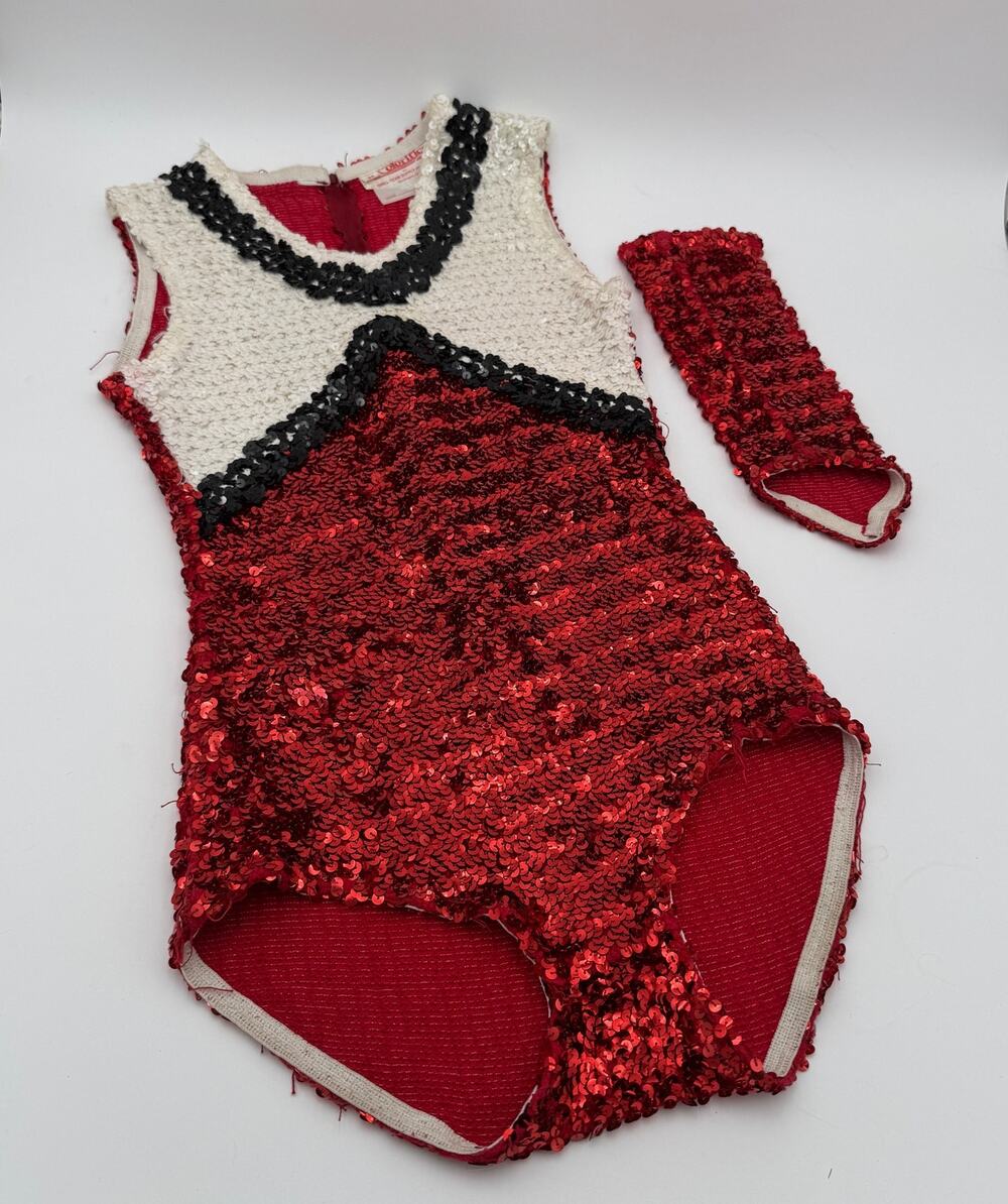 Vintage Drill Team Unitard Sequined 1980s Uniform with 1 Glove Red & Black